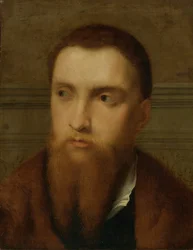 Retrato, de, um, homem barbudo, cabeça ombros, em, um, interior